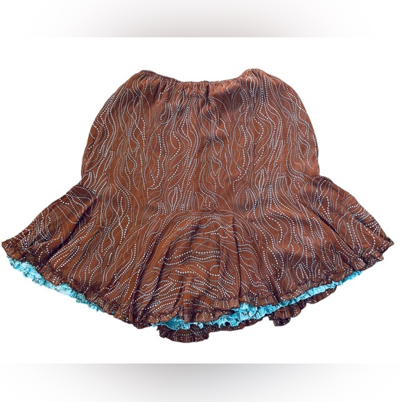 Multiples Y2K Blue Brown Playful Floral Dot Asymmetrical Reversible Ruffle Skirt - Picture 4 of 7